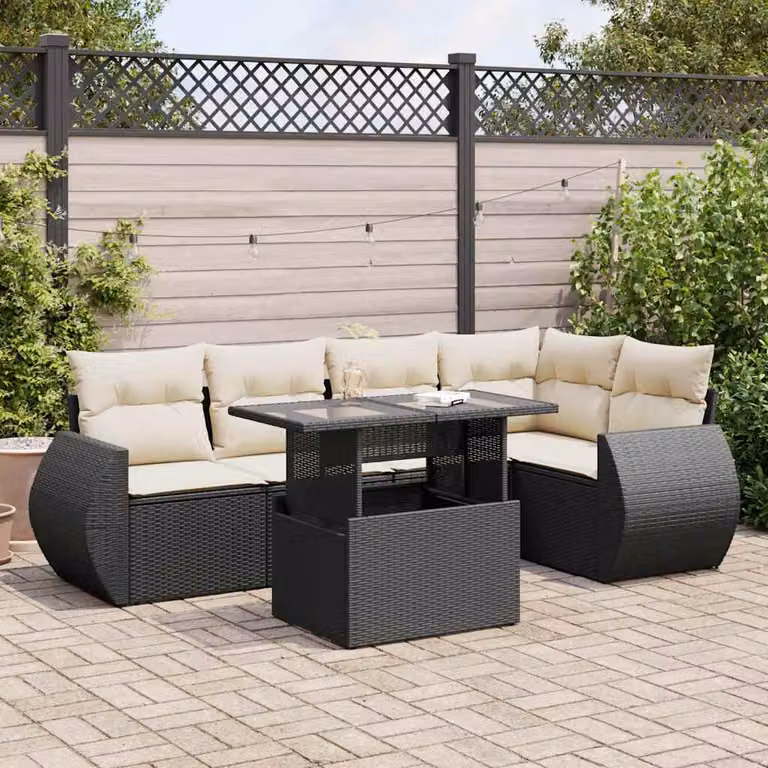 Set Divano da Giardino vidaXL 6 Pezzi a Forma di U con Cuscini e Tavolino, Polyrattan e Acciaio Nero