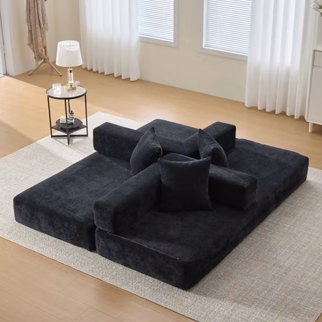 Divano ad L Mivray in velluto nero con struttura imbottita per soggiorno, home office o cameretta, L/P/H: 198 x 159 x 79 cm