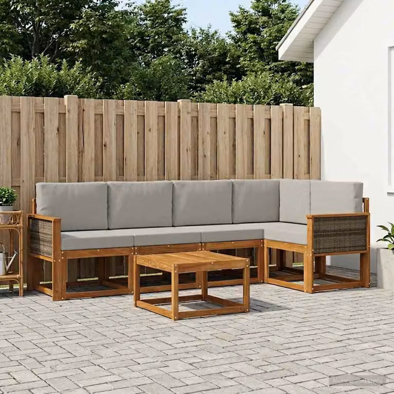 Set di divani da esterno vidaXL a forma di L composto da 6 pezzi con tavolo da caffè, in legno di acacia e tessuto beige e grigio