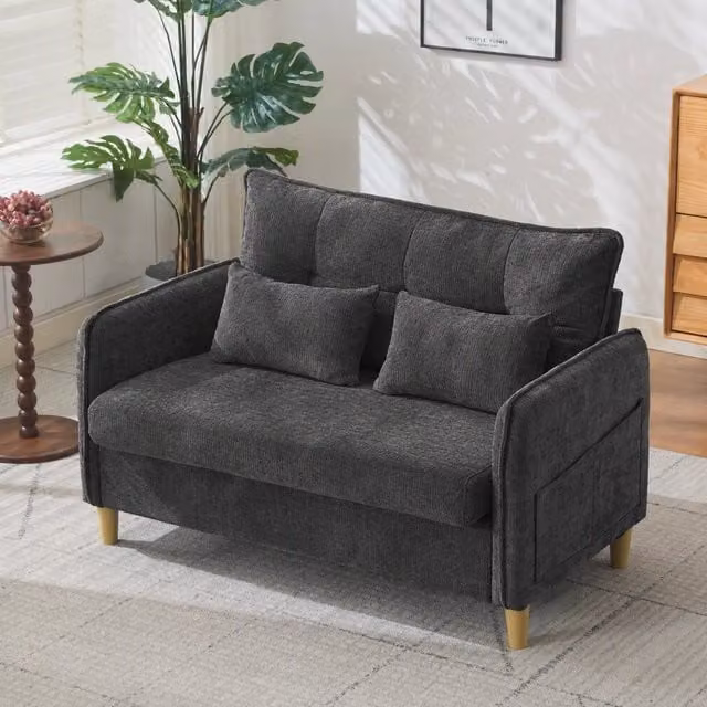Divano a 2 posti WISHDOR in tessuto grigio con struttura in legno massello e cuscini inclusi, Larghezza: 127 cm