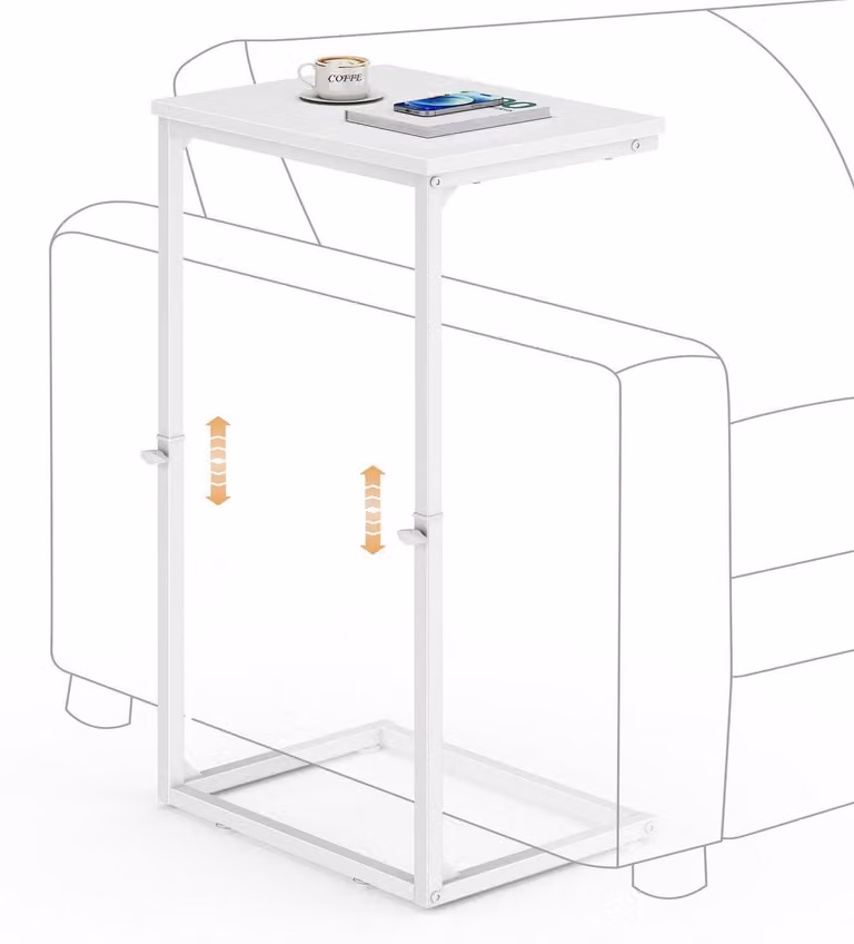 Tavolino laterale C-Form, regolabile in altezza da 45 a 85 cm, bianco. Tavolino mobile per divano con struttura in metallo, utilizzabile anche come scrivania per laptop o comodino