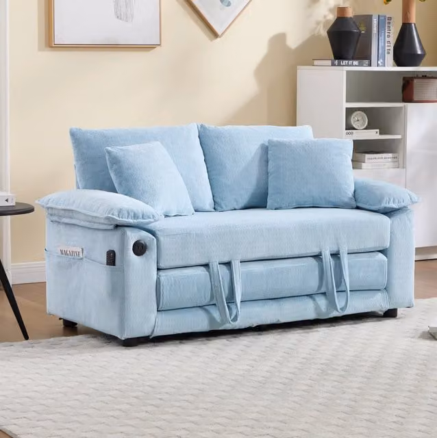 Divano letto 3 in 1 in ciniglia blu 135x66x80 cm per piccoli soggiorni -