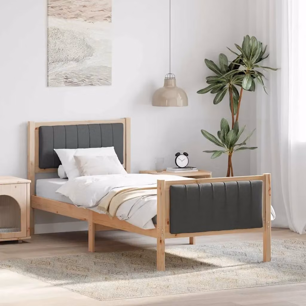 Letto singolo moderno in legno di pino con rivestimento in tessuto marrone e grigio, L/P/H: 80 x 190 x 100 cm – 2