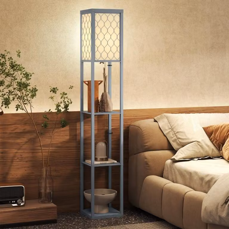 Lampada da terra Moonbite con 3 ripiani, altezza 160 cm, paralume in tessuto con interruttore a tirante, attacco E27 fino a 40 W, base di 26 × 26 cm, realizzata in pannello di truciolato, colore grigio chiaro