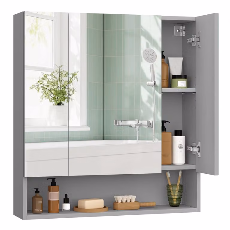 Armadietto Bagno da Muro con Ante a Specchio Stile Moderno, Grigio Tortora