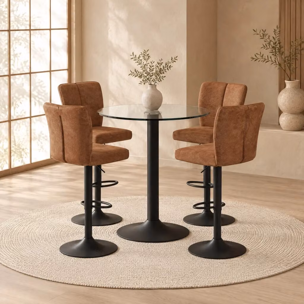 Set tavolo da bar Mivray con piano in vetro trasparente e 4 sgabelli girevoli regolabili in tessuto tecnico marrone e metallo nero – 2