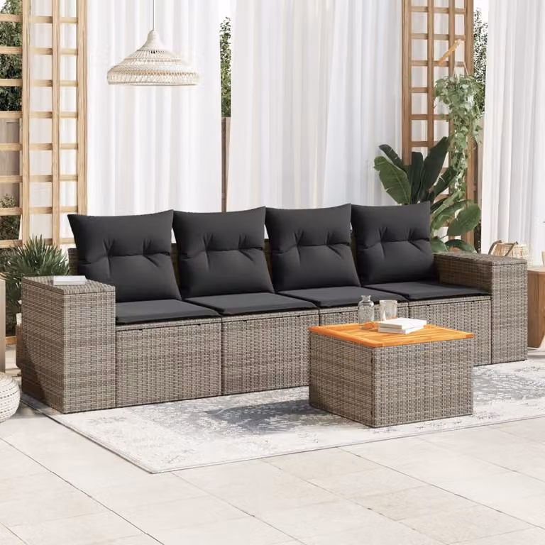 vidaXL Set Divano da Giardino 5 pz in Polyrattan Grigio con Cuscini e Tavolino
