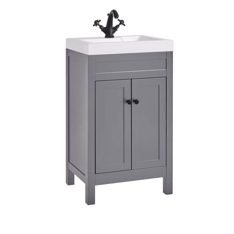 Mobile Bagno Grigio Chiaro da 500mm con Lavabo e Maniglie Classiche Rotonde Nere - Warwick