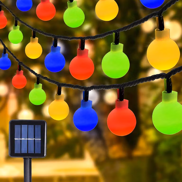 Catena luminosa a LED solare, 12 metri, 100 lampadine a forma di sfera, 8 modalità, con telecomando