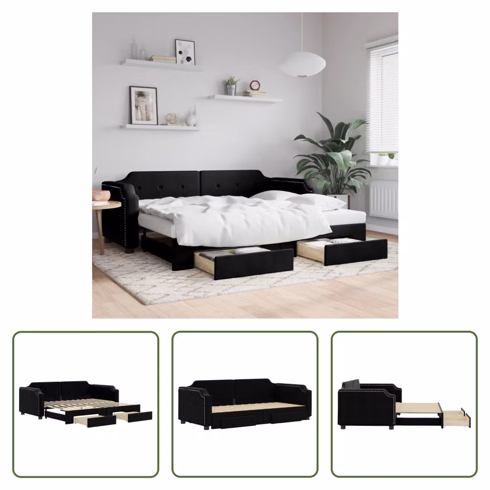 The Living Store Letto allungabile con cassetti nero 90x200 cm tessuto