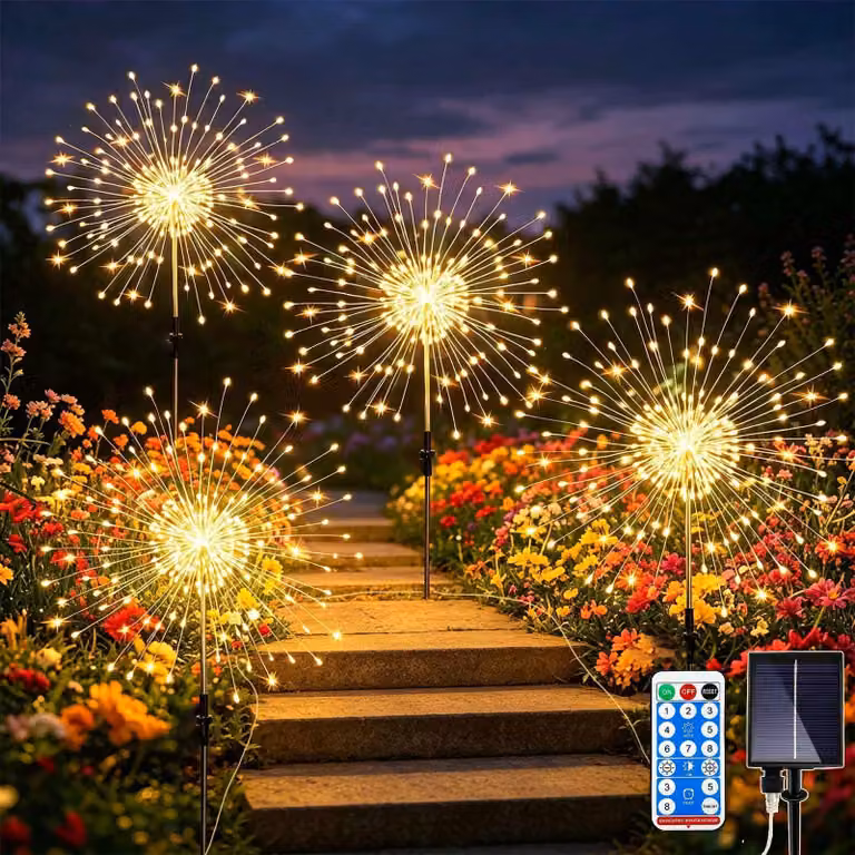 Lampade solari Joycome per esterni, set di 4, con 120 LED ciascuna, effetto fuochi d'artificio