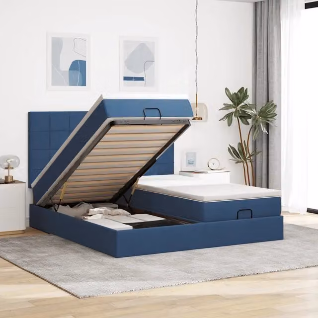 Letto moderno vidaXL con contenitore a sollevamento, illuminazione sottostante e porta USB, tessuto blu e bianco, L 200 x P 200 x H 280 cm – 1