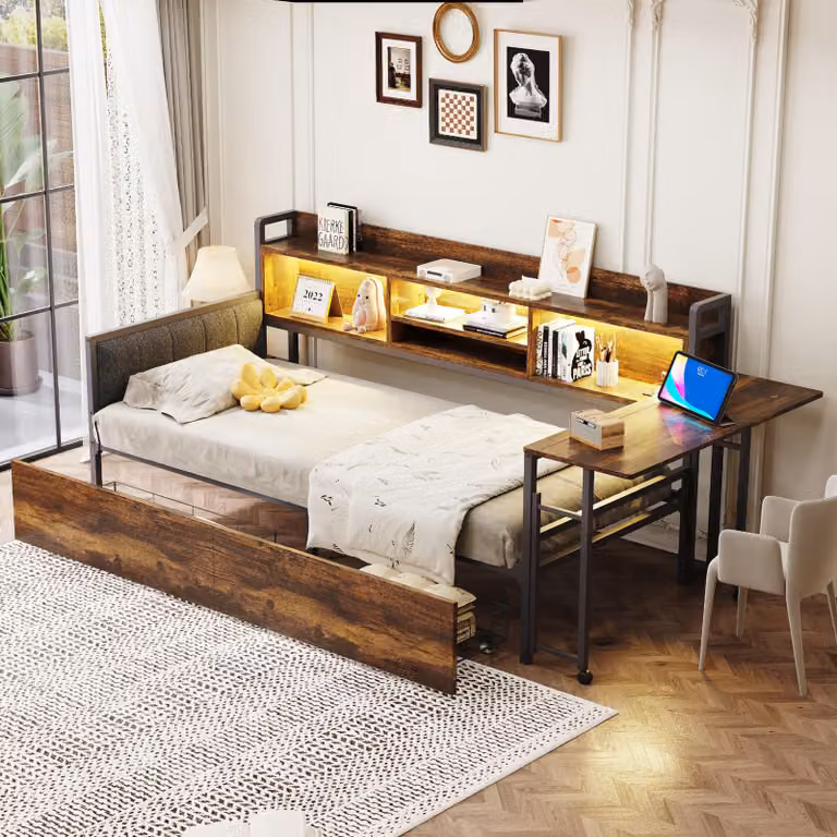 Divano letto 90 x 200 cm con illuminazione a LED, 2 cassetti, vano portaoggetti, presa multipla, scrivania estraibile e schienale, colore bianco/effetto legno