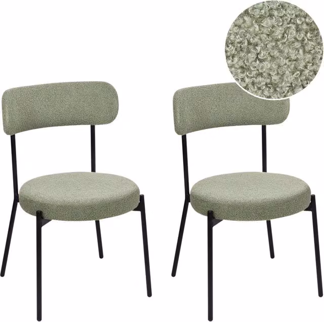 Set di 2 sedie da sala da pranzo BELIANI in tessuto bouclé verde chiaro con gambe in metallo nero design moderno