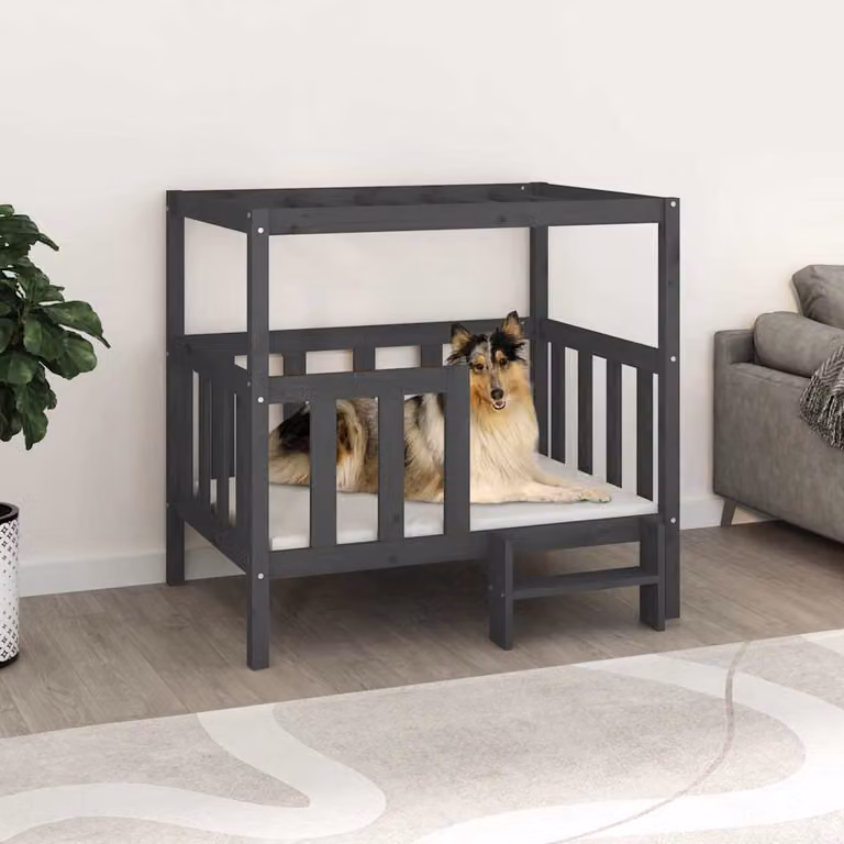 Cuccia per cani vidaXL in legno di pino massello, grigia, L: 105,5 cm, P: 83,5 cm, H: 100 cm