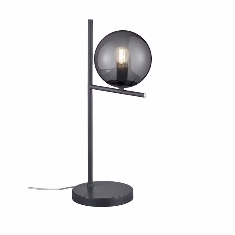 Lampada da comodino di design, antracite, con paralume sferico in vetro fumé, per la camera da letto