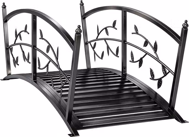 Ponte da giardino decorativo Outsunny in metallo con design a foglie e ringhiere di sicurezza, Nero, L: 120 cm – 1