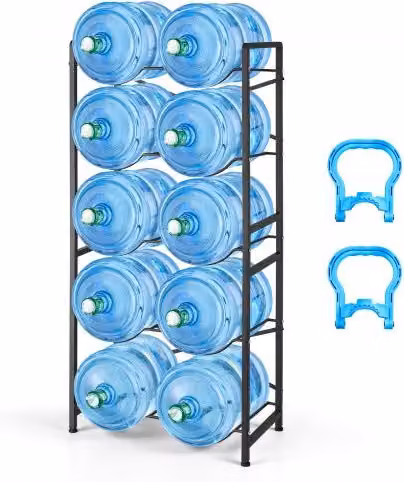 Organizer VEVOR per bottiglie d'acqua da 11 L e 19 L, portaboccioni a 5 livelli a doppia fila con maniglie, colore nero