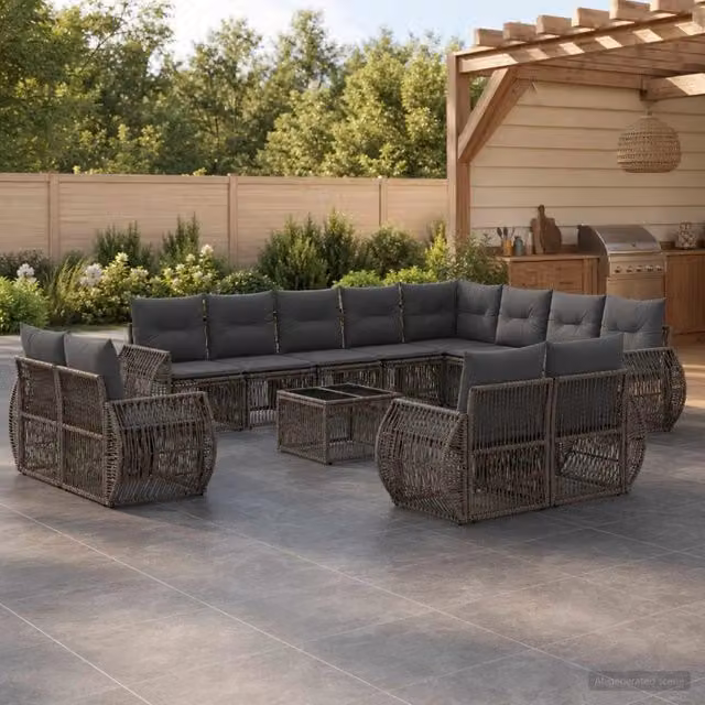 Set Divano da Giardino 13 Pezzi vidaXL in Polyrattan Grigio con Cuscini e Tavolino da Esterno – 1