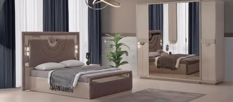 Set completo per camera da letto di pregio: letto imbottito esclusivo, testiera di design, armadio