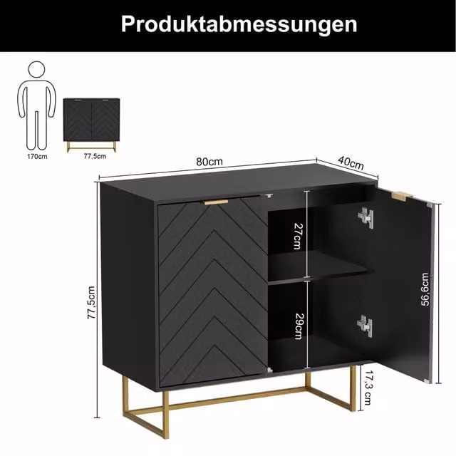 UEV Madia credenza moderna a 2 ante, mobile multiuso in legno e metallo nero per soggiorno e cucina, con ripiani regolabili, 80x40x77,5 cm
