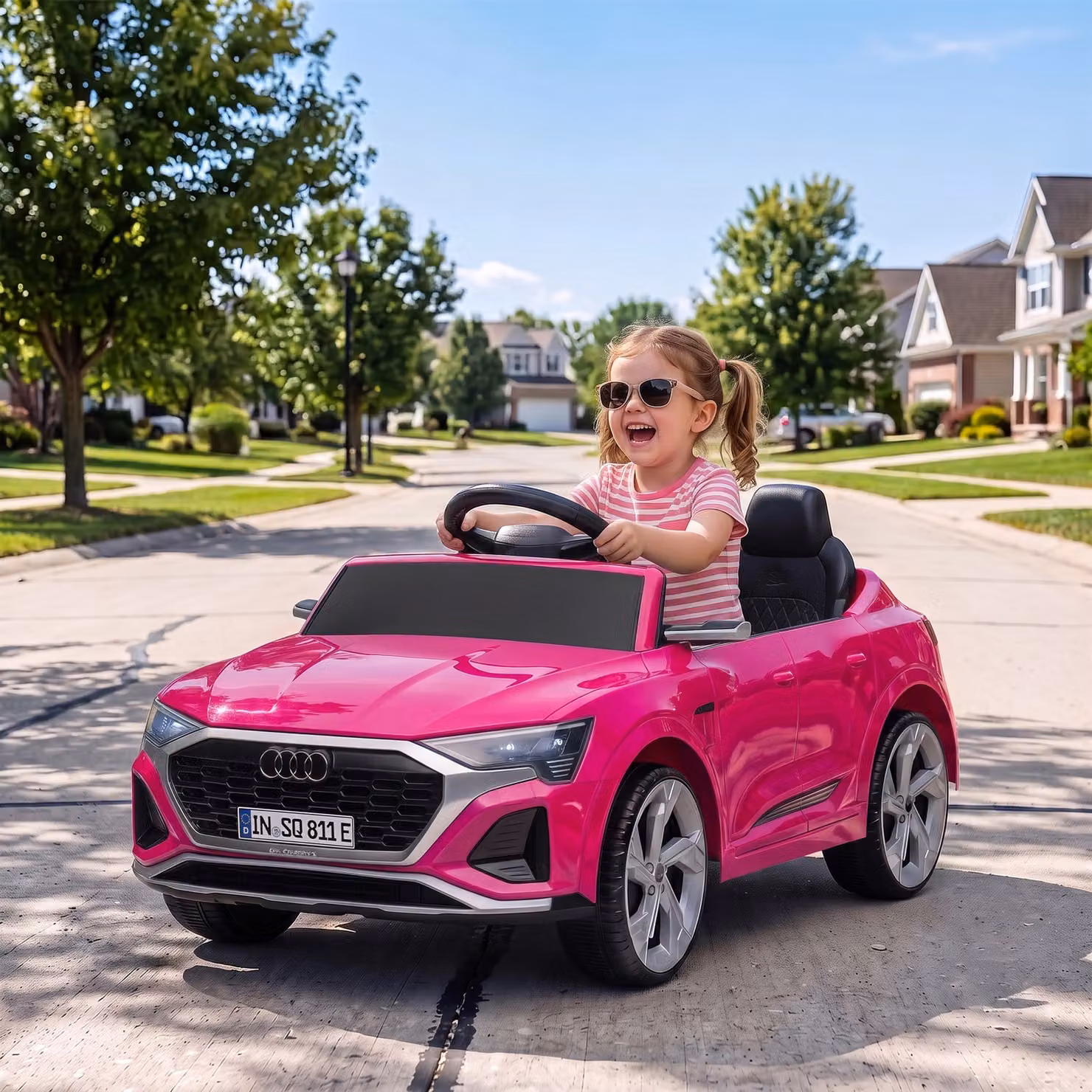 AIYAPLAY Auto elettrica per bambini 12V rosa con telecomando, 2 motori, sospensioni, LED, clacson e musica – 2