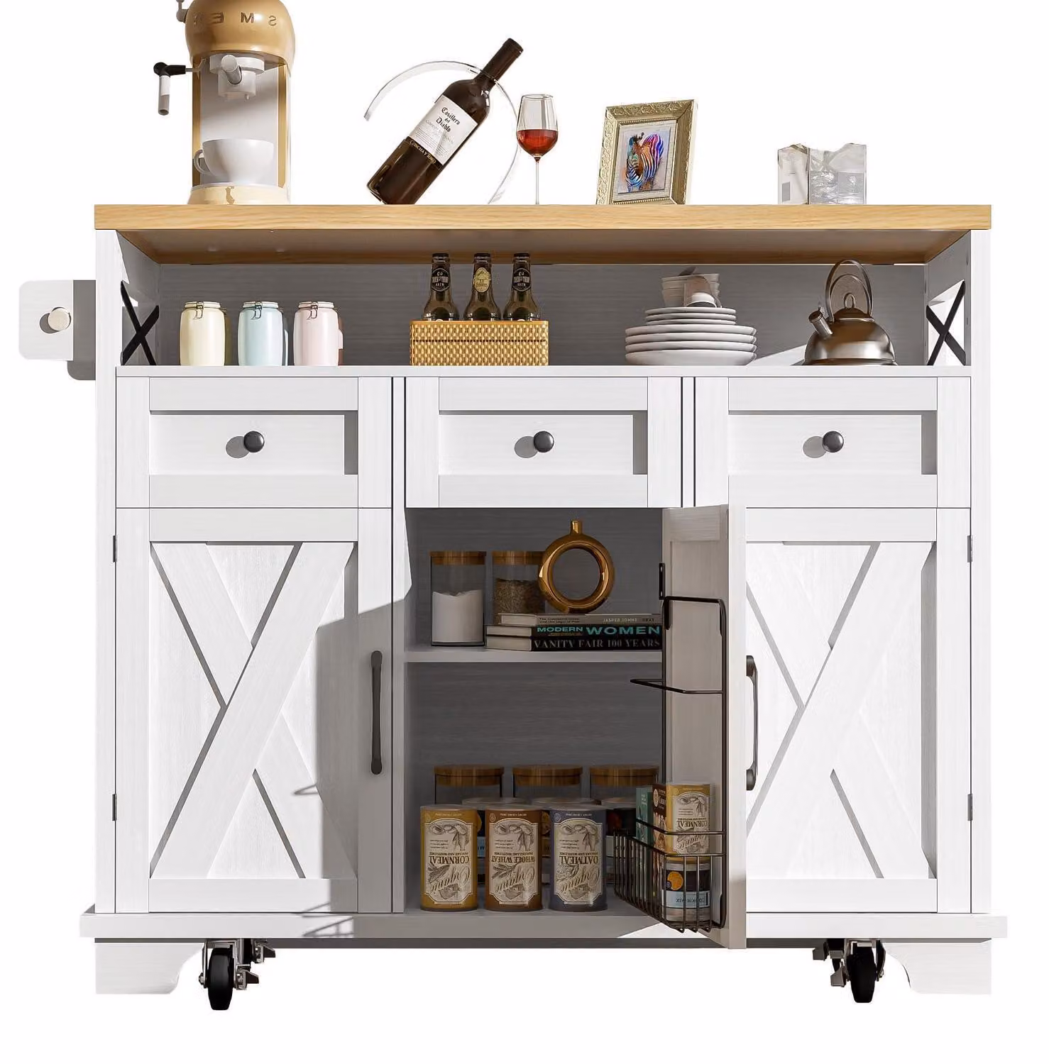 Isola da cucina con ruote e portasciugamani, bianca, 118x43/70x98 cm