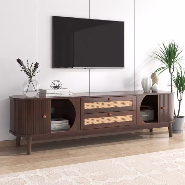 Mobile TV REDOM in MDF e rattan colore naturale con ante e cassetti L: 170 cm, P: 39,5 cm, H: 46 cm