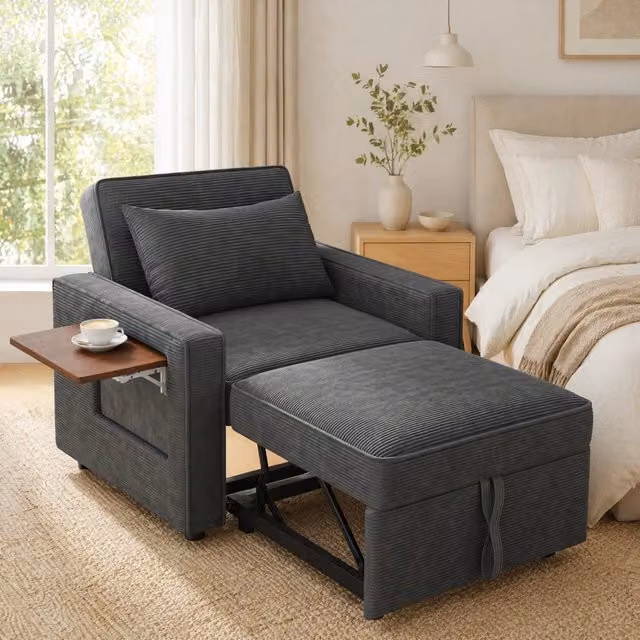 Divano letto REDOM in velluto a coste grigio con cuscino, L/P/H: 150 x 93 x 85 cm