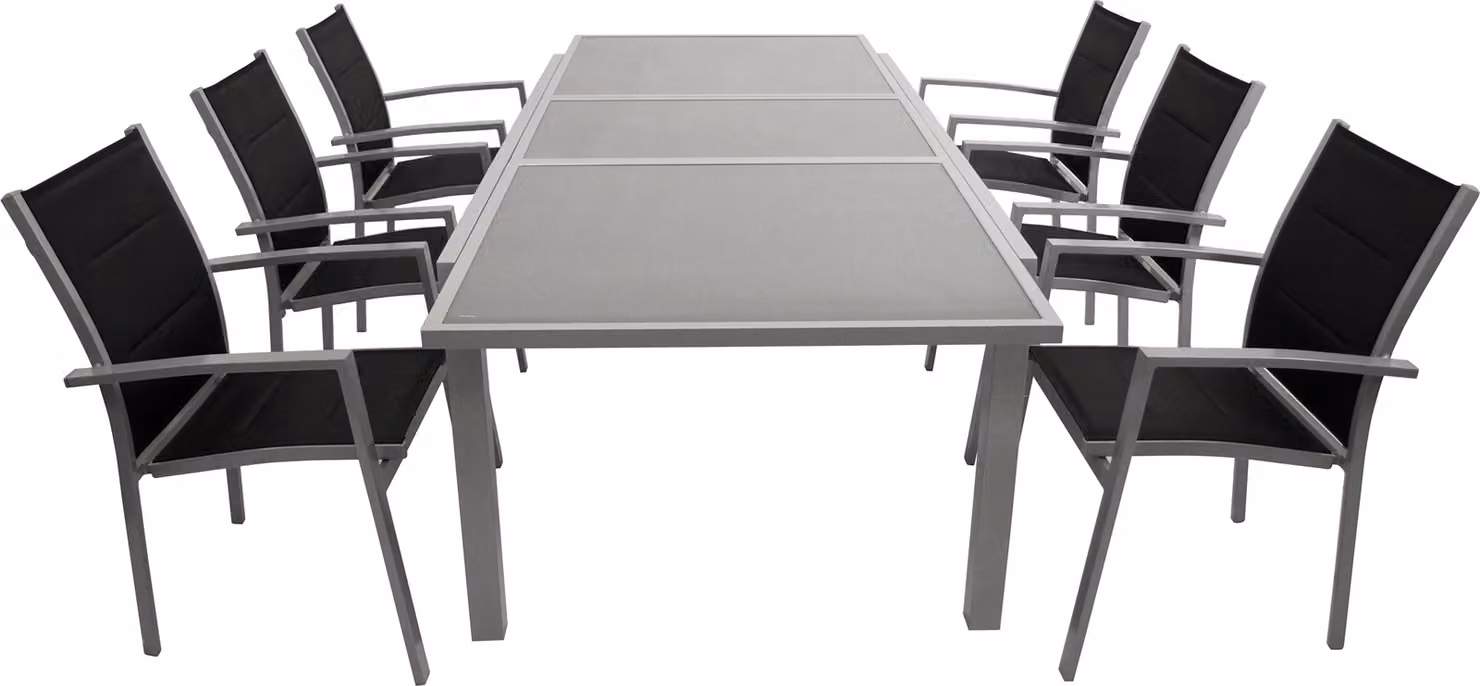 Set da giardino DEGAMO PISA, 7 pezzi, alluminio argento + tessuto sintetico nero, 6 poltrone impilabili, 1 tavolo allungabile 180/240 x 100 cm