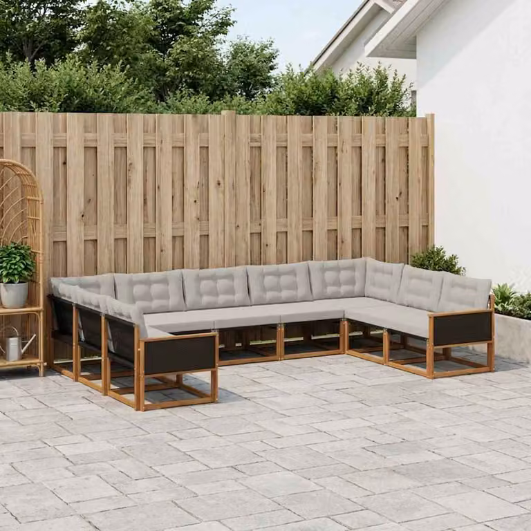 vidaXL Set di divani da esterno a L composto da 9 pezzi in legno di acacia e tessuto textilene, colore marrone e grigio chiaro