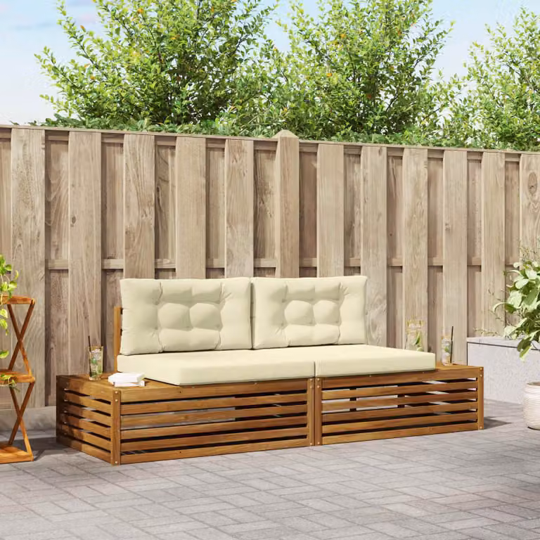 Set di 2 divani da esterno a 2 posti vidaXL in legno di acacia con cuscini beige e bianco
