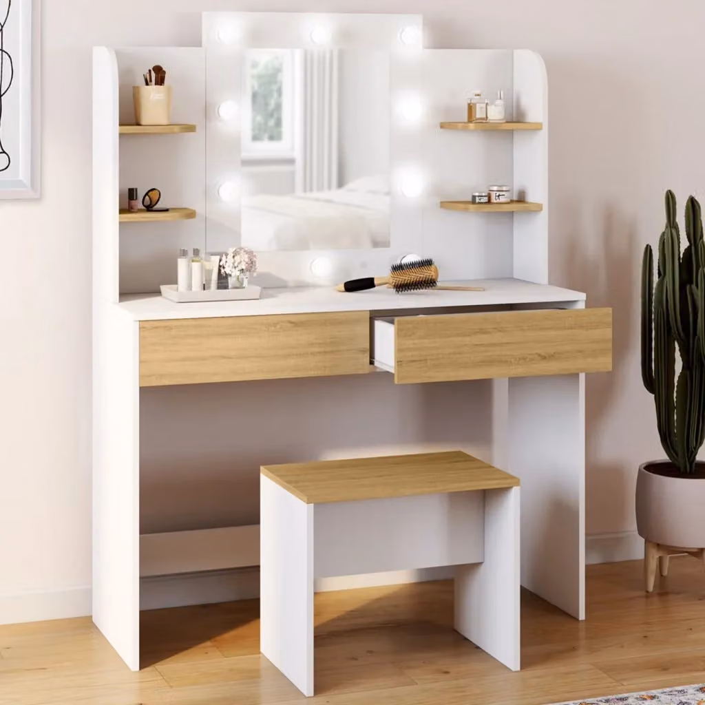 Tocagare ZELIA IDMarket bianco e faggio con 4 ripiani, specchio LED e sgabello – 2