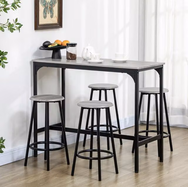 Set tavolo bar ULEVR con 4 sgabelli, 110x50x89,5 cm, stile industriale grigio e metallo nero