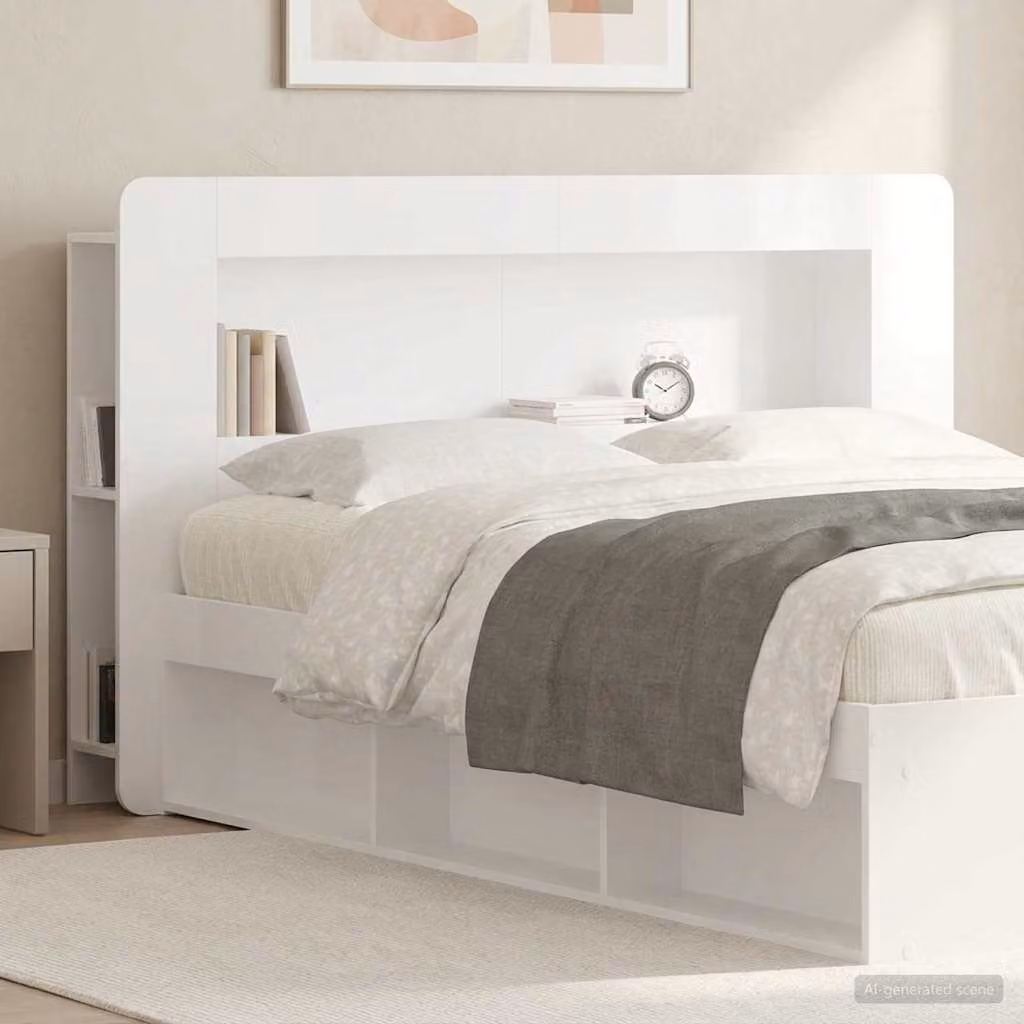 Testata del letto moderna vidaXL in legno ingegnerizzato bianco lucido con ripiani integrati L 153,5 cm x H 100,0 cm x P 22,47 cm