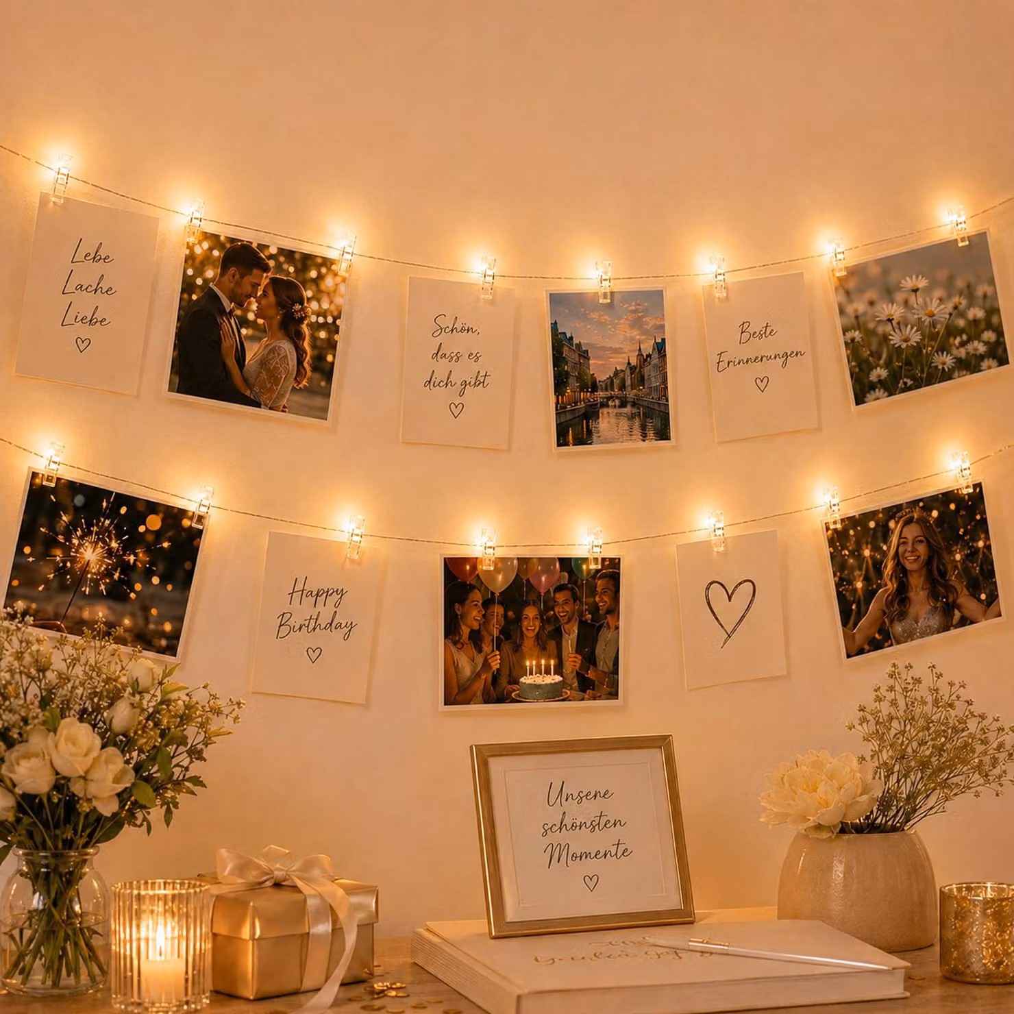 Catena luminosa a LED, 2 metri, 20 LED, luce bianco caldo, con clip