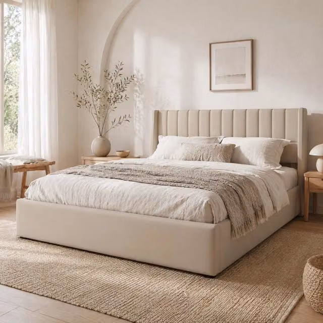Letto contenitore 160x200 cm in lino beige, idraulico con vano, senza materasso
