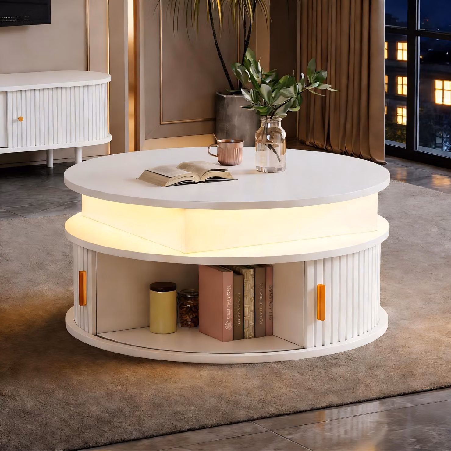 Merax Tavolino regolabile in altezza con LED, tavolino rotondo con 2 ante scorrevoli e spazio contenitivo, tavolo multifunzionale con superficie lucida, bianco