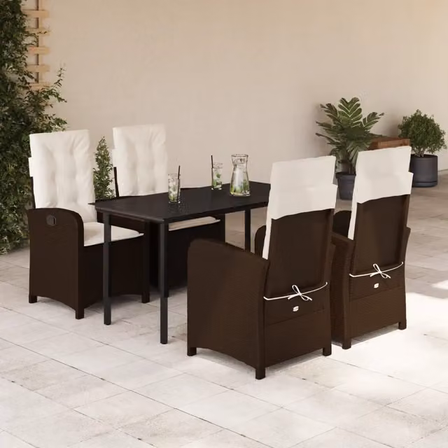 Set da Pranzo da Giardino 5pz con Cuscini in Polyrattan Marrone 3212343
