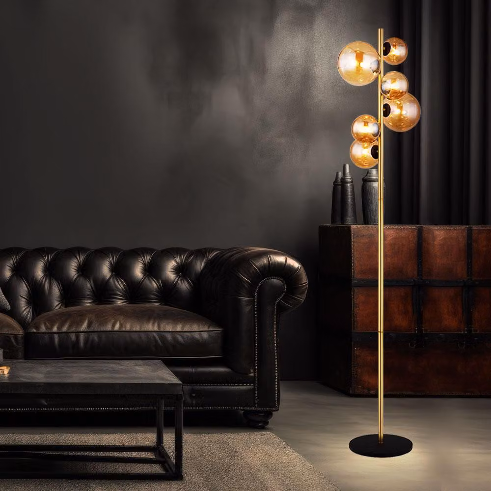 Lampada da terra a LED, 6 lampadine, vetro ambrato, ottone, H 155 cm