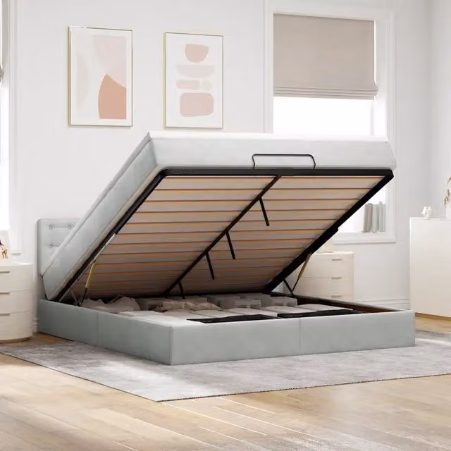 Letto con contenitore a sollevamento e materasso vidaXL in velluto grigio, L: 180 cm, P: 200 cm, H: 88 cm – 1
