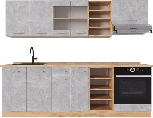 Cucina componibile moderna R-Line Vicco in Rovere e Calcestruzzo, L: 240 cm