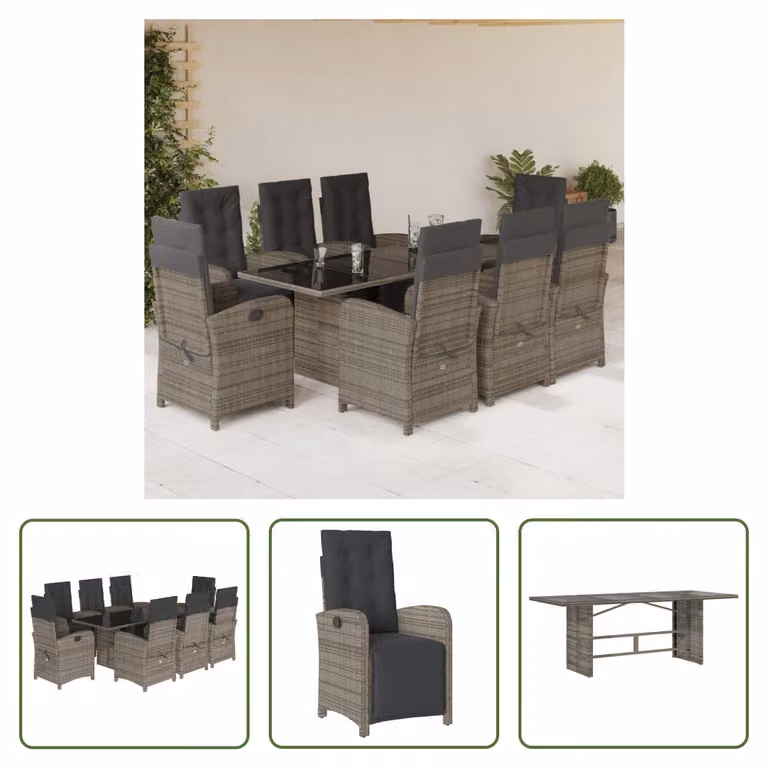 The Living Store Set da pranzo da giardino 9 pezzi con cuscini in poly rattan grigio