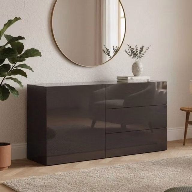 Madia Benvenuta DMORA con 3 cassetti, credenza moderna in nero antracite lucido, L: 110 cm, P: 40 cm, H: 35.2 cm – 1