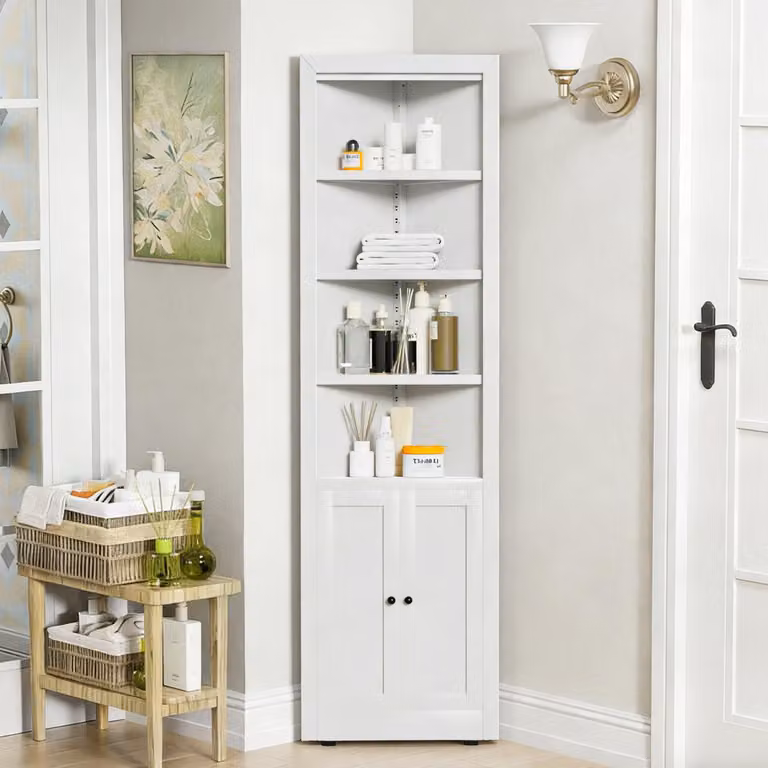 Mobiletto angolare bianco alto 180,34 cm, con 2 ante, 5 ripiani e ripiani regolabili, armadietto metallico autoportante per dispensa