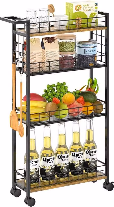 Carrello da cucina multifunzionale a 4 ripiani con set di ruote per lo stoccaggio compatto, scaffale su ruote per bagno e cucina, mobile salvaspazio per ambienti ridotti, cassettiera per la biancheria, scaffale per bagno e cucina nei colori nero e marrone