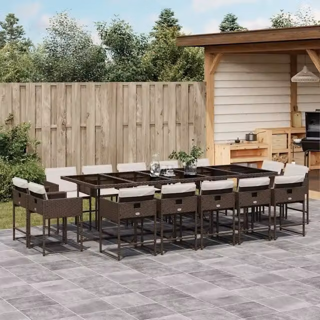 Set da Pranzo da Giardino 15 pz con Cuscini Marrone Polyrattan 3211413