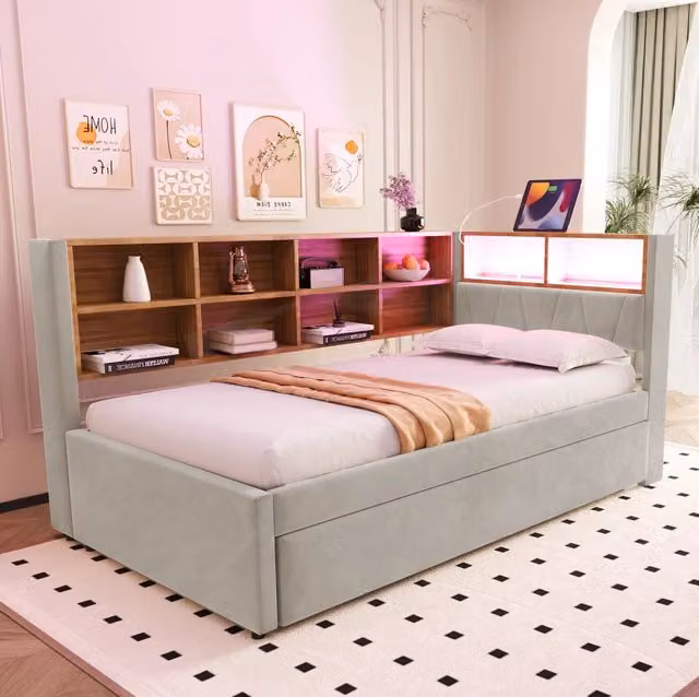 Divano letto 90x200 cm con letto estraibile; LED e vani portaoggetti in flanella