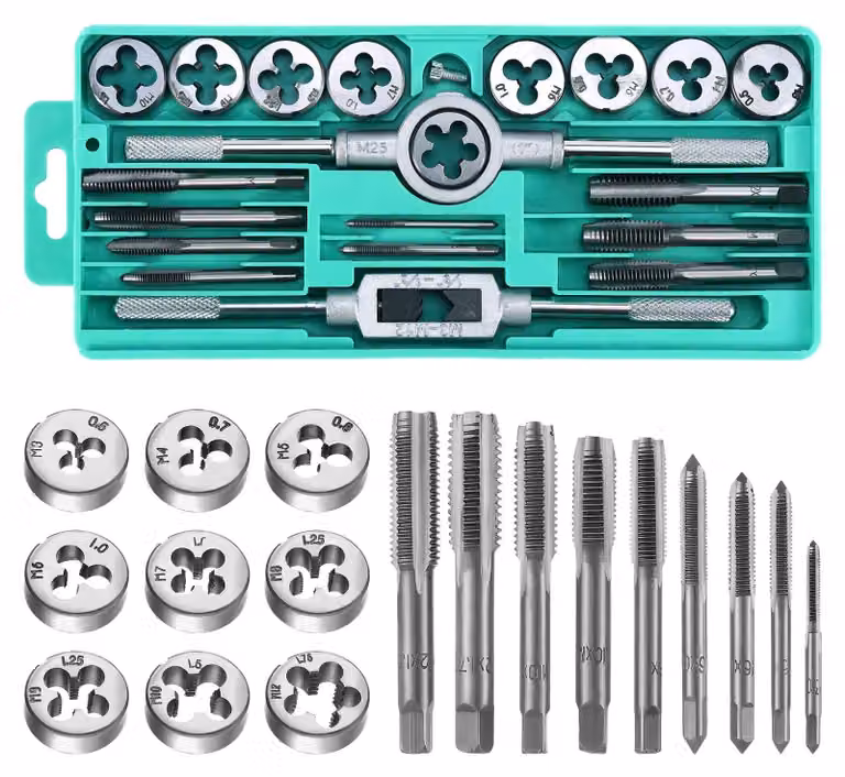 Omgoods - Set di maschi e filiere da 20 pezzi - Misura metrica M3-M12 - Acciaio per cuscinetti di alta qualità - Include chiave per maschi - Pratica custodia - Set di filettature