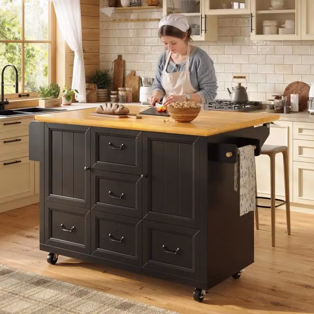 Carrello da cucina con piano ribaltabile, 2 ante, 5 cassetti, ripiani regolabili e ruote, in MDF e metallo, nero